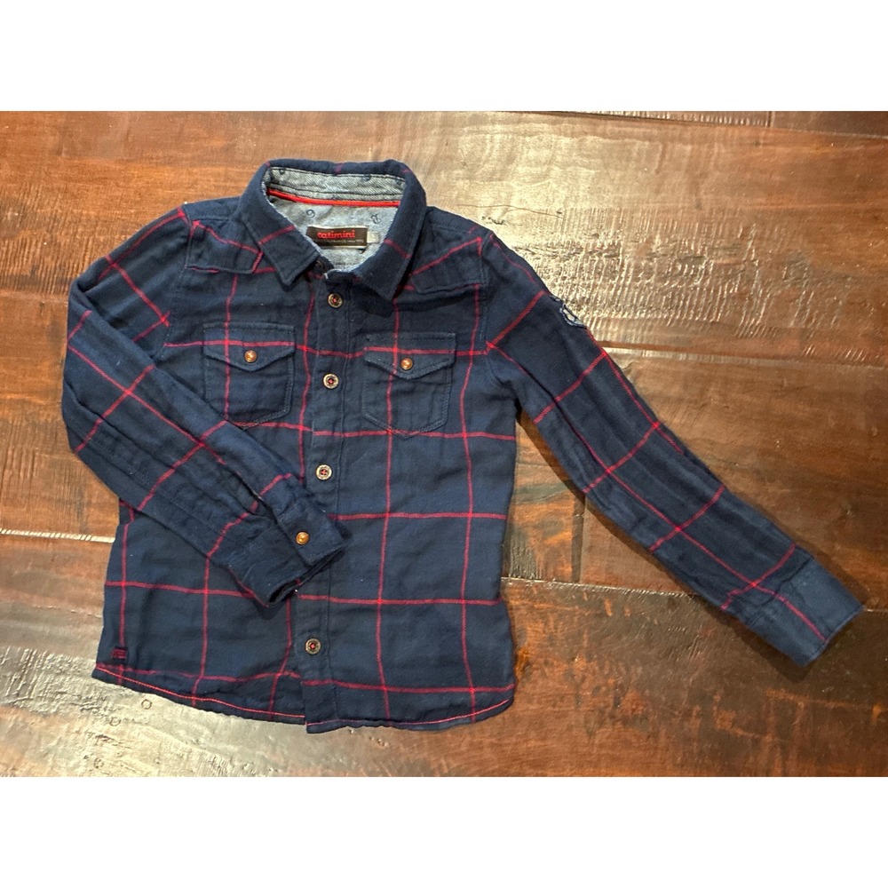Catimini Plaid Button Down Shirt Boys Size 5(EU)110cm Navy Red Windowpane Cotton